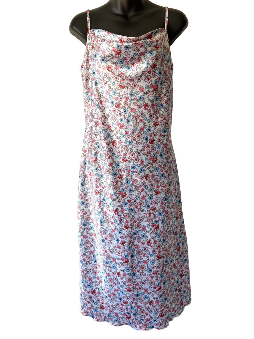 bebe White Floral Midi Slip Dress Womens Small Satin Pink Blue Minimalist Chic